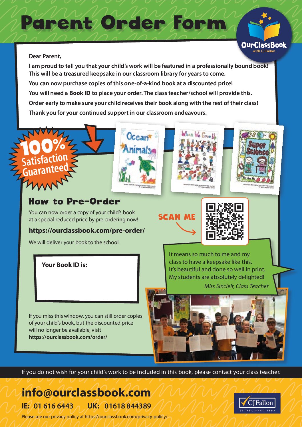 OurClassBook Parent Order Forms for Copies of Student-Created Published Books